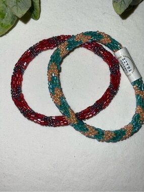 Handcrafted Beaded Bracelet Pair — Teal & Coral and Red & Black